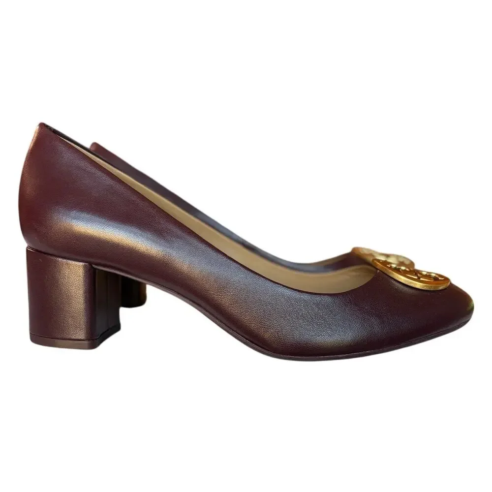 Tory Burch Benton Burgundy Block Heel Pumps Classic Polished Office Event size 8